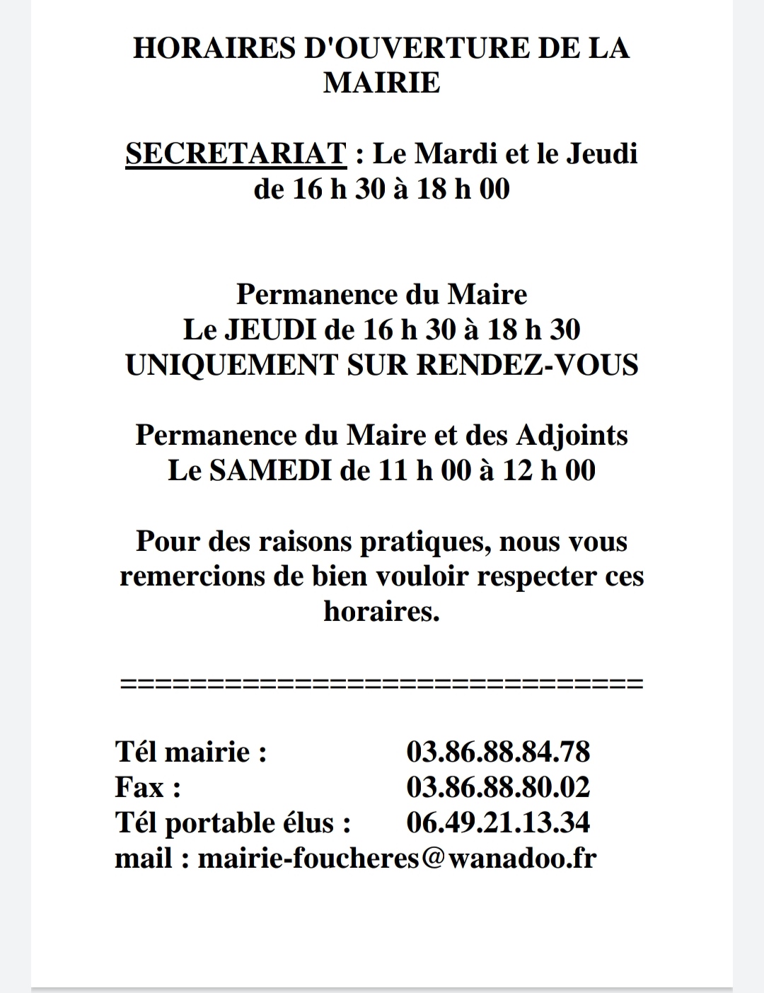Nouveaux horaires de la mairie 
